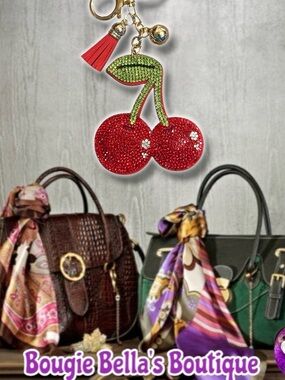 Sparkling Rhinestone Cherries Keychain Bag Charm - Red & Green 🍒
